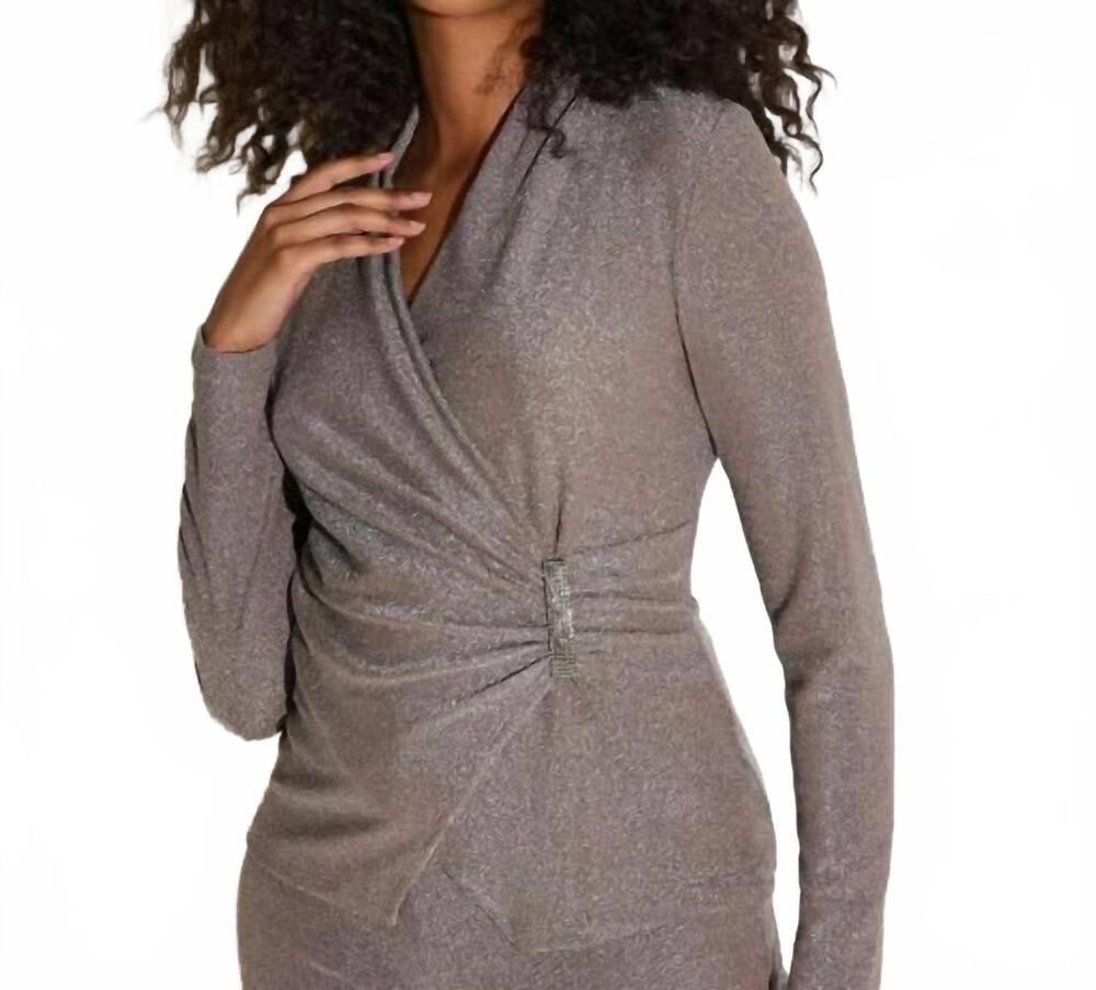 NEW JOSEPH RIBKOFF sparkling knit fitted wrap top in silver